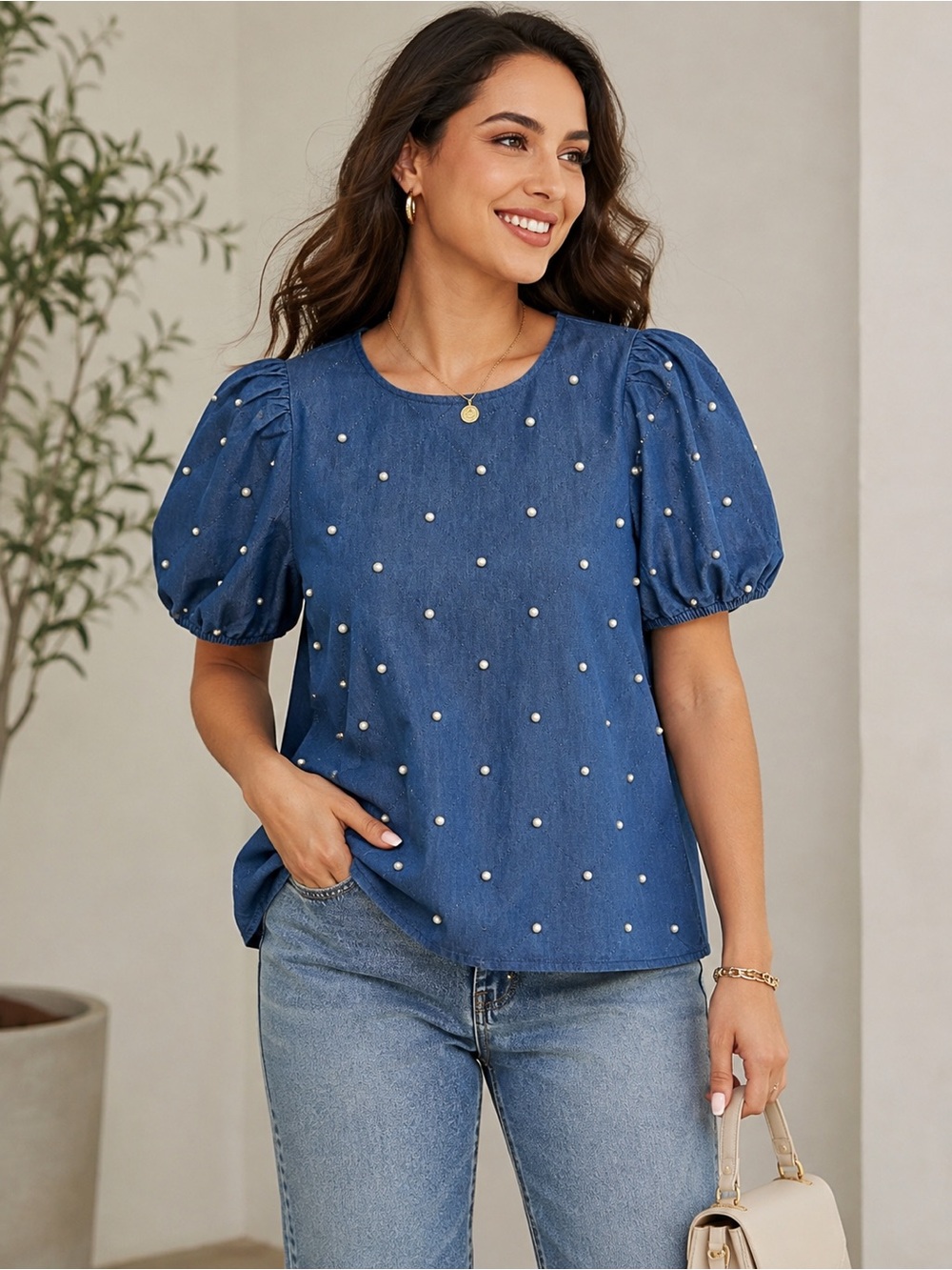 BiBi Blue Pearl-Embellished Puff Sleeve Blouse